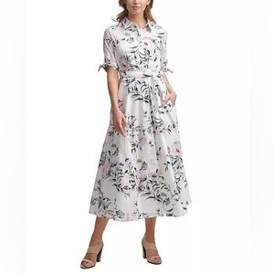 NWT Calvin Klein White Floral Button Down Belted Midi Dress W/ Pockets Size 18W